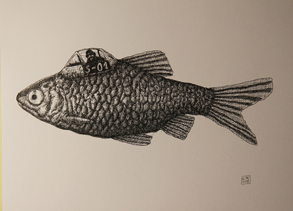 Serie "Fischpiloten"/ Fishpilots,Tinte/Ink Papier, 30x40cm, GFK 2018